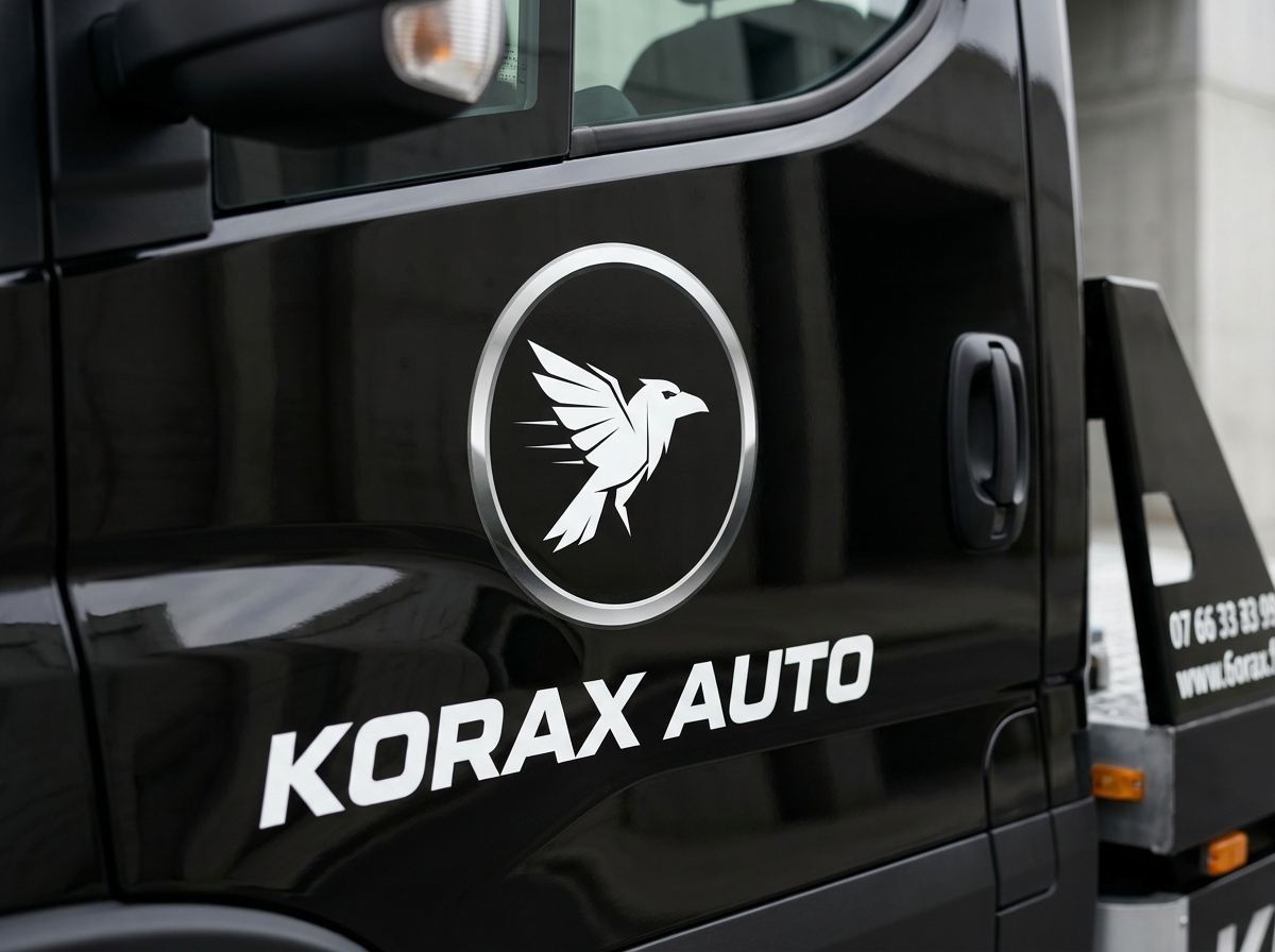 Logo KORAX sur camion - Identité entreprise
