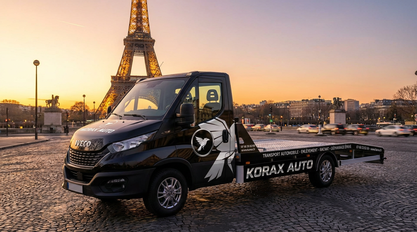 Camion plateau KORAX AUTO devant la Tour Eiffel à Paris